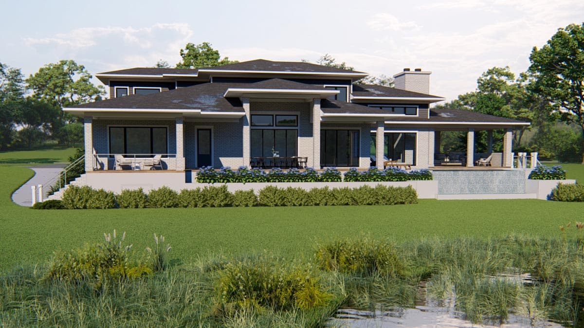 Modern house plan exterior with multiple gables, large windows, covered patio, and an infinity pool.