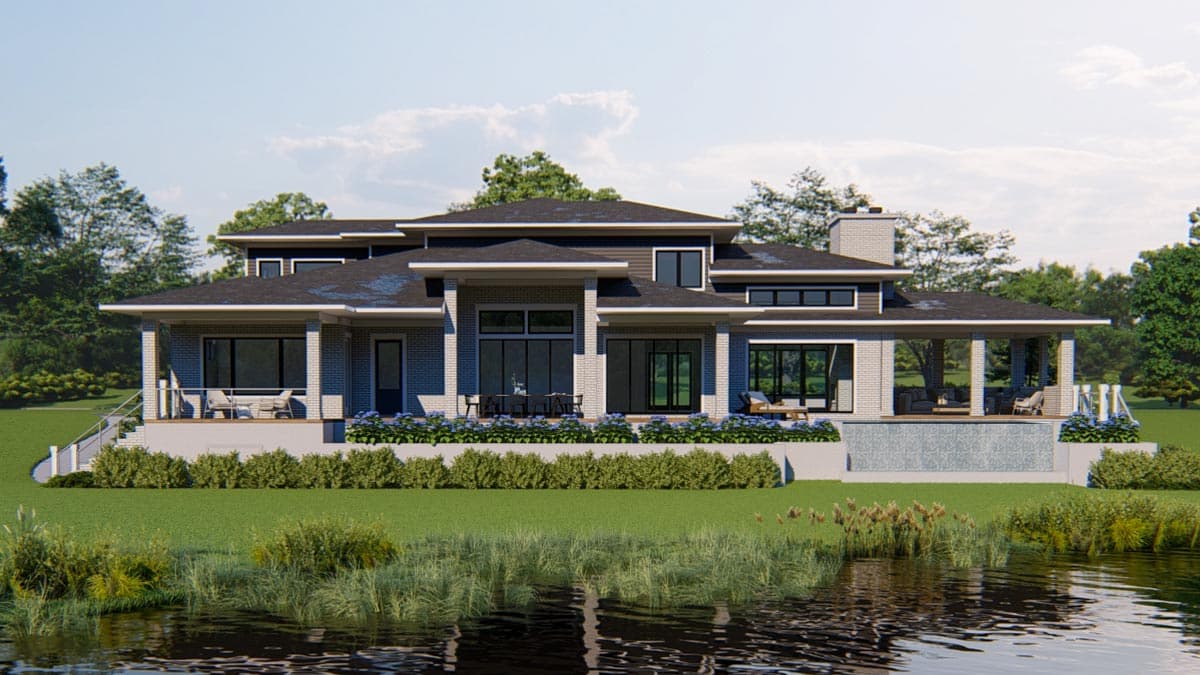 Modern house plan exterior featuring flat rooflines, large windows, brick accents, and covered patios.