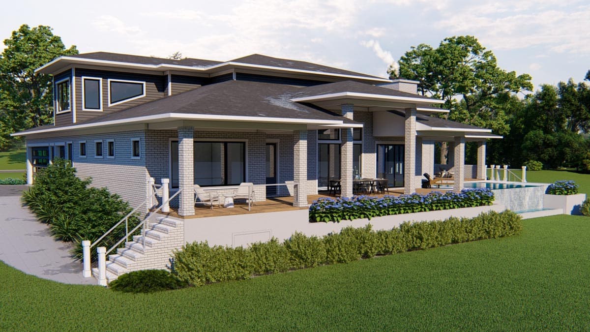 Modern house plan exterior with multi-level rooflines, covered patio, white brick, and upper-level geometric windows.