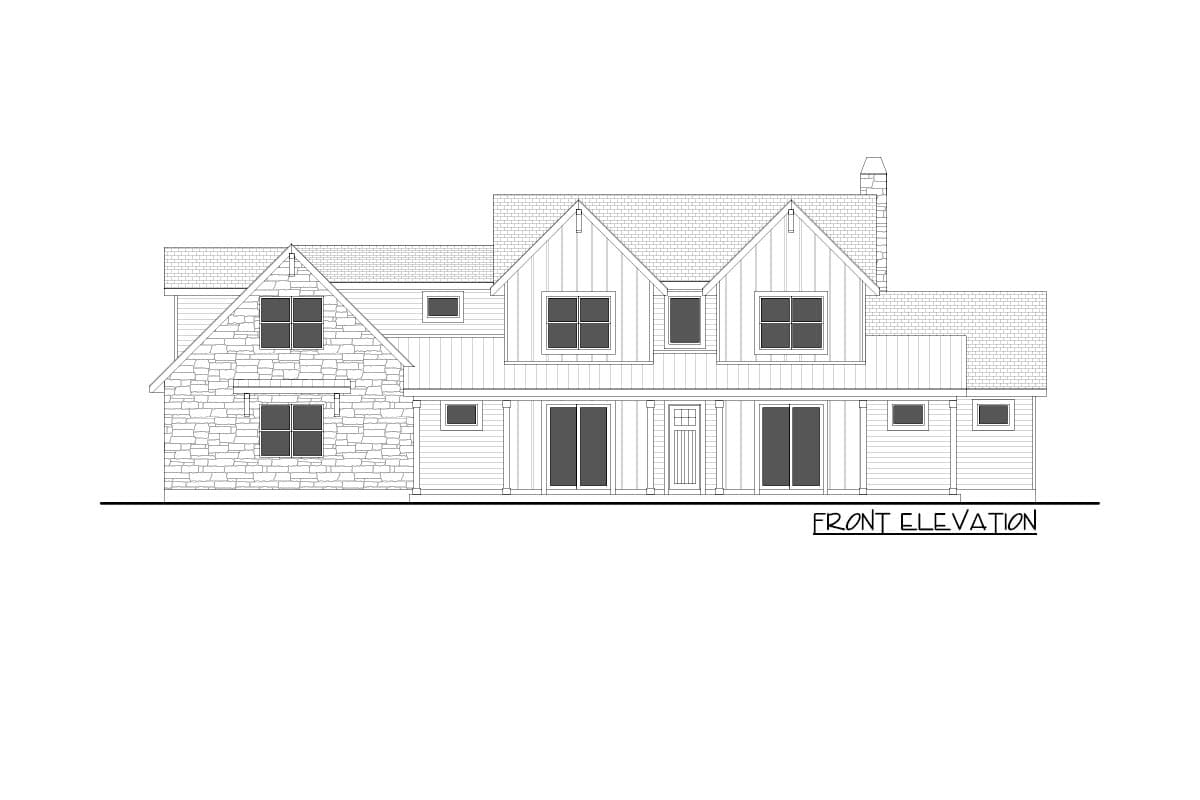 Front elevation drawing of a two-story house with stone and board-and-batten siding, gables, and a covered entry.