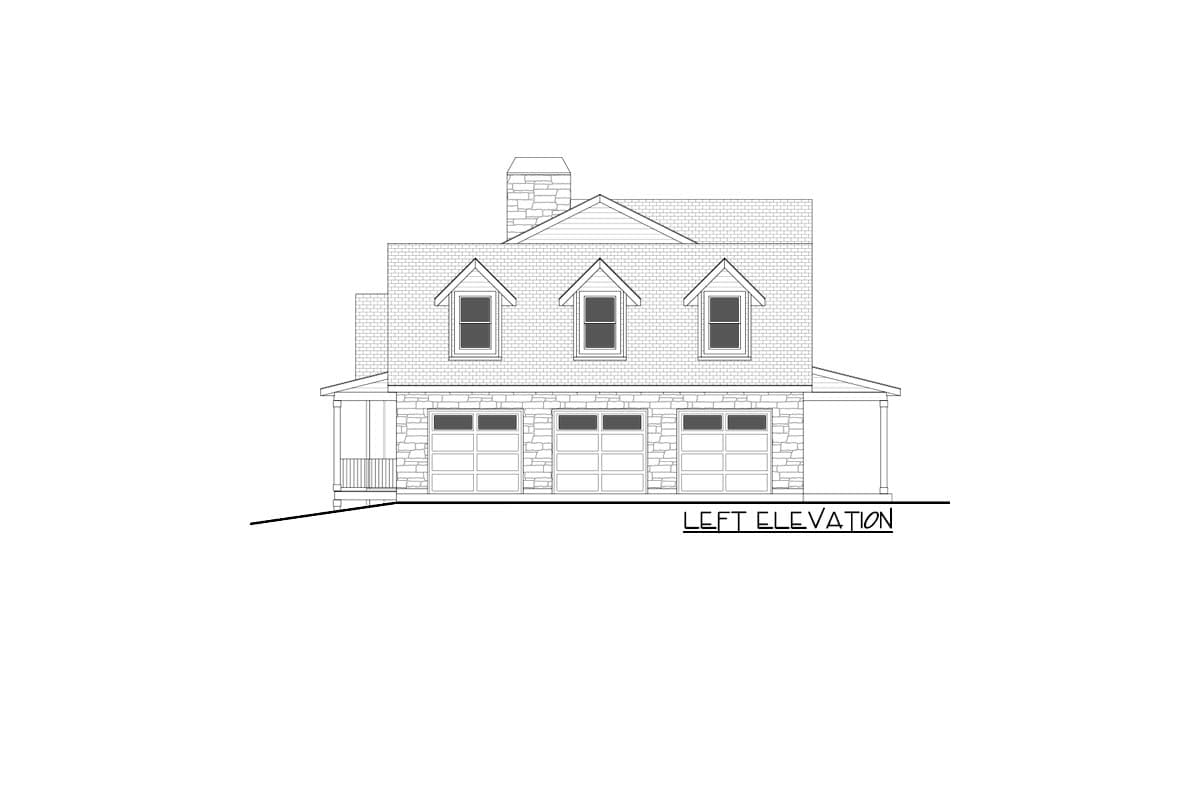 Left elevation drawing of house plan with stone facade, three garage doors, and three dormer windows.