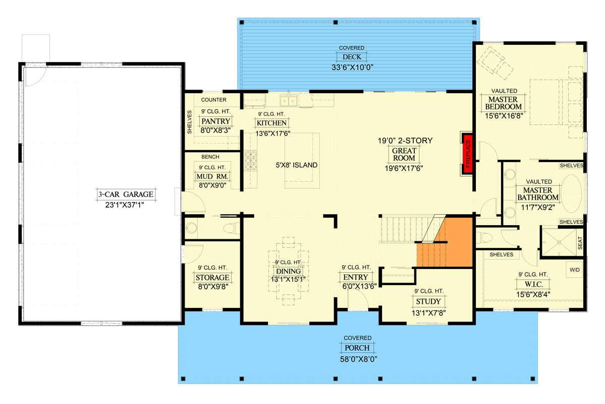 Plan 365024PED: 4-Bed Modern Farmhouse Plan with 2-Story Great Room and Laundry on Both Floors - Floor Plan - Main Level - Country, Craftsman, Farmhouse, Hill Country, Modern Farmhouse, Mountain, New American, Traditional
