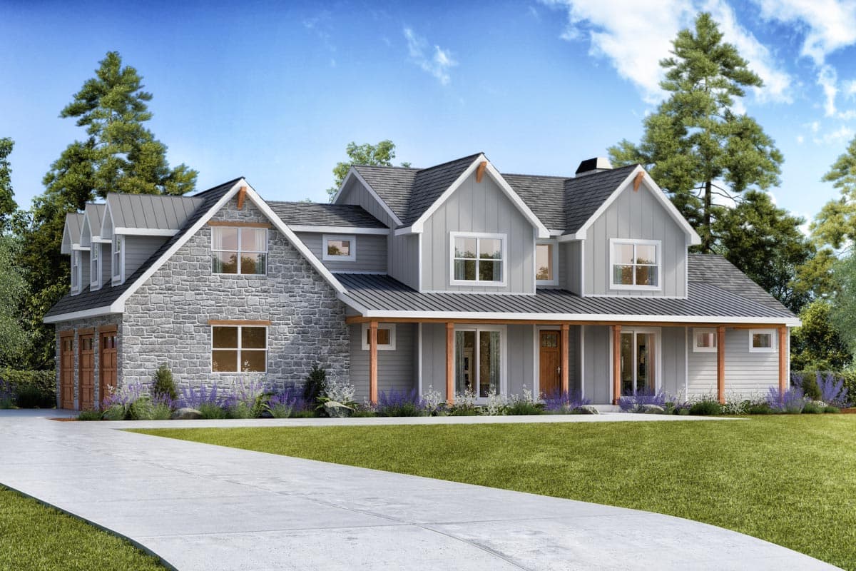 House plan exterior in a two-story Modern Farmhouse style with gabled roof, stone facade, and covered porch.