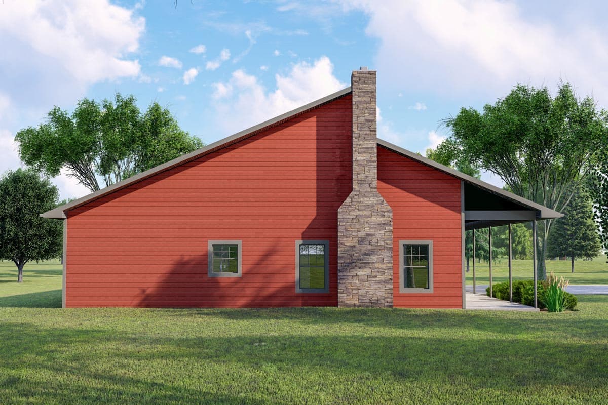 House plan exterior: Modern Ranch style with stone chimney, prominent gables, and covered porch.
