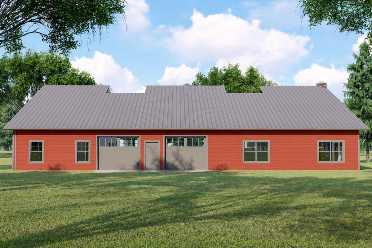 House plan exterior, single-story, red siding, two garage doors, metal roof, and brick chimney.