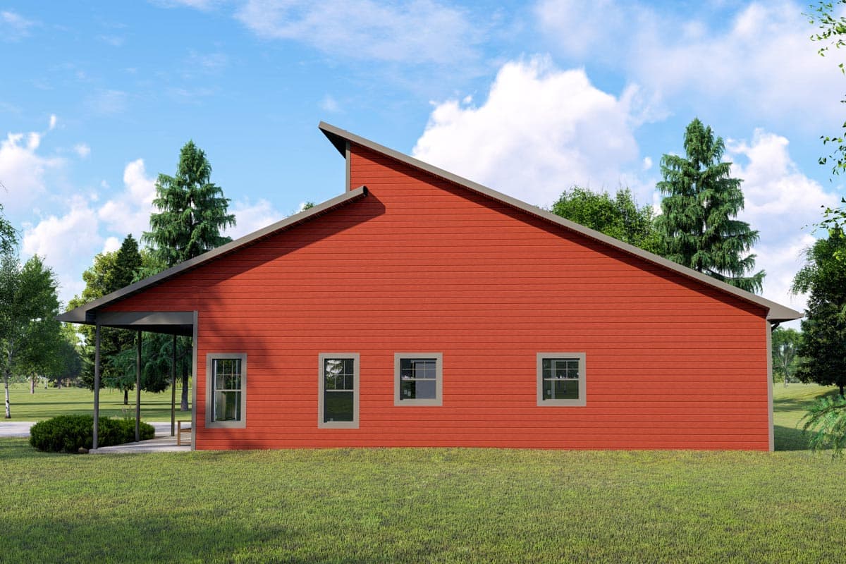 House plan exterior of a single-story modern home with a sloped roof, covered porch, and horizontal siding.