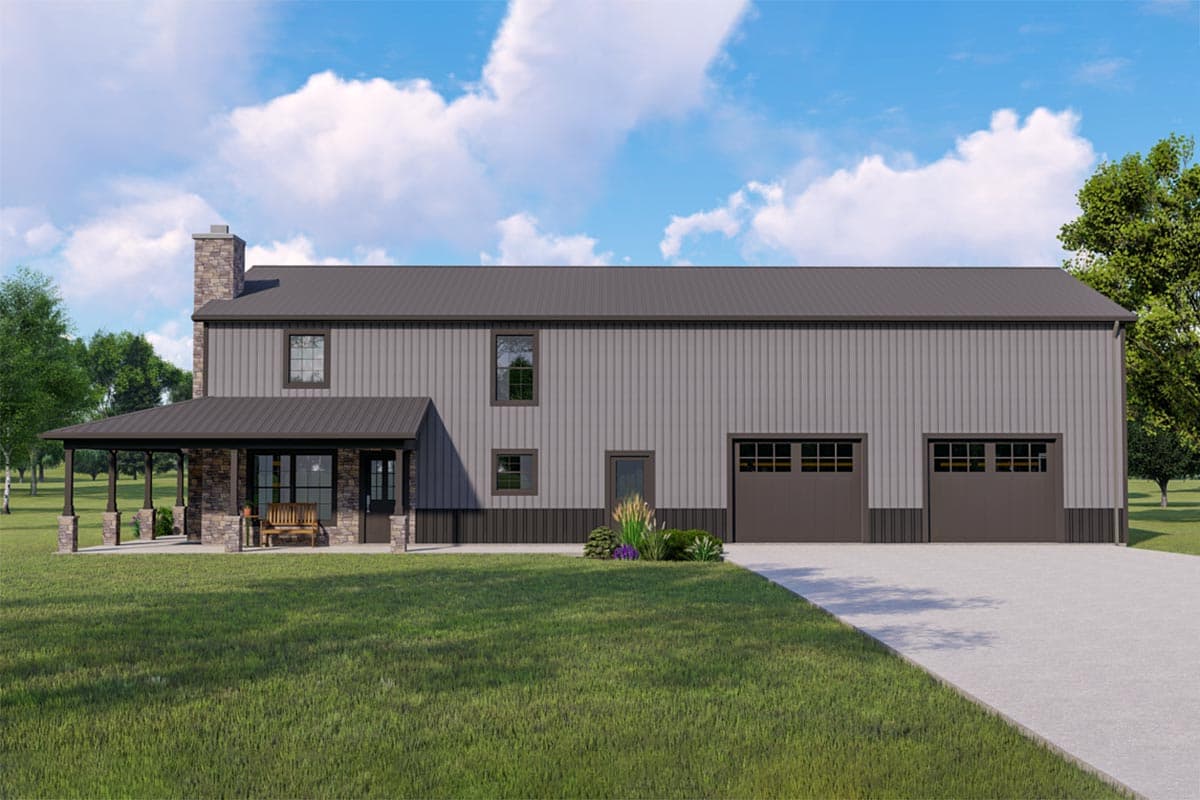 House plan exterior. Two-story structure with a metal roof, covered porch with stone columns, and three-bay garage. Stone chimney visible.