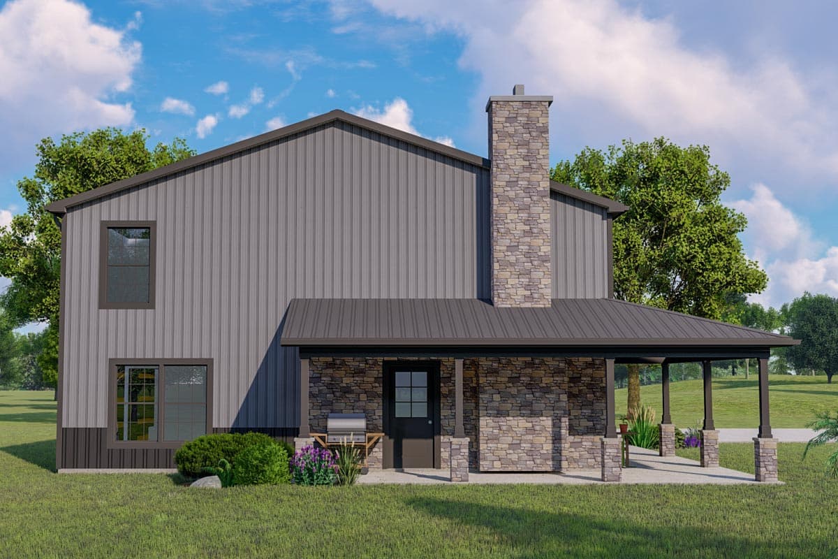 House plan exterior with metal siding, prominent stone chimney, covered porch with stone accents, and dark-trimmed windows.