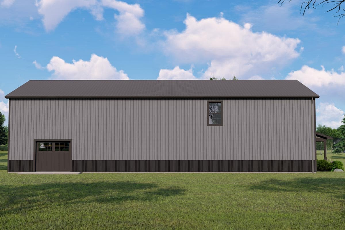 House plan exterior: a tall, two-tone metal building with a single garage door, one window, and a dark metal roof.