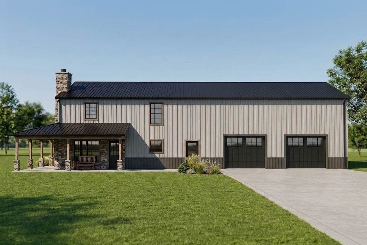 House plan exterior. Two-story structure with a metal roof, covered porch with stone columns, and three-bay garage. Stone chimney visible.