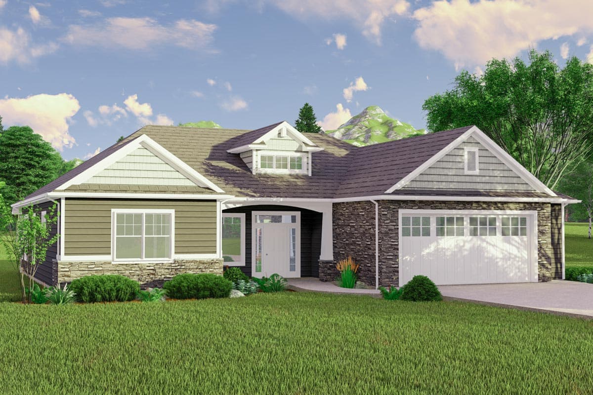 House plan exterior with stone veneer, gabled roof, and a two-car garage. Features include a dormer and covered porch.