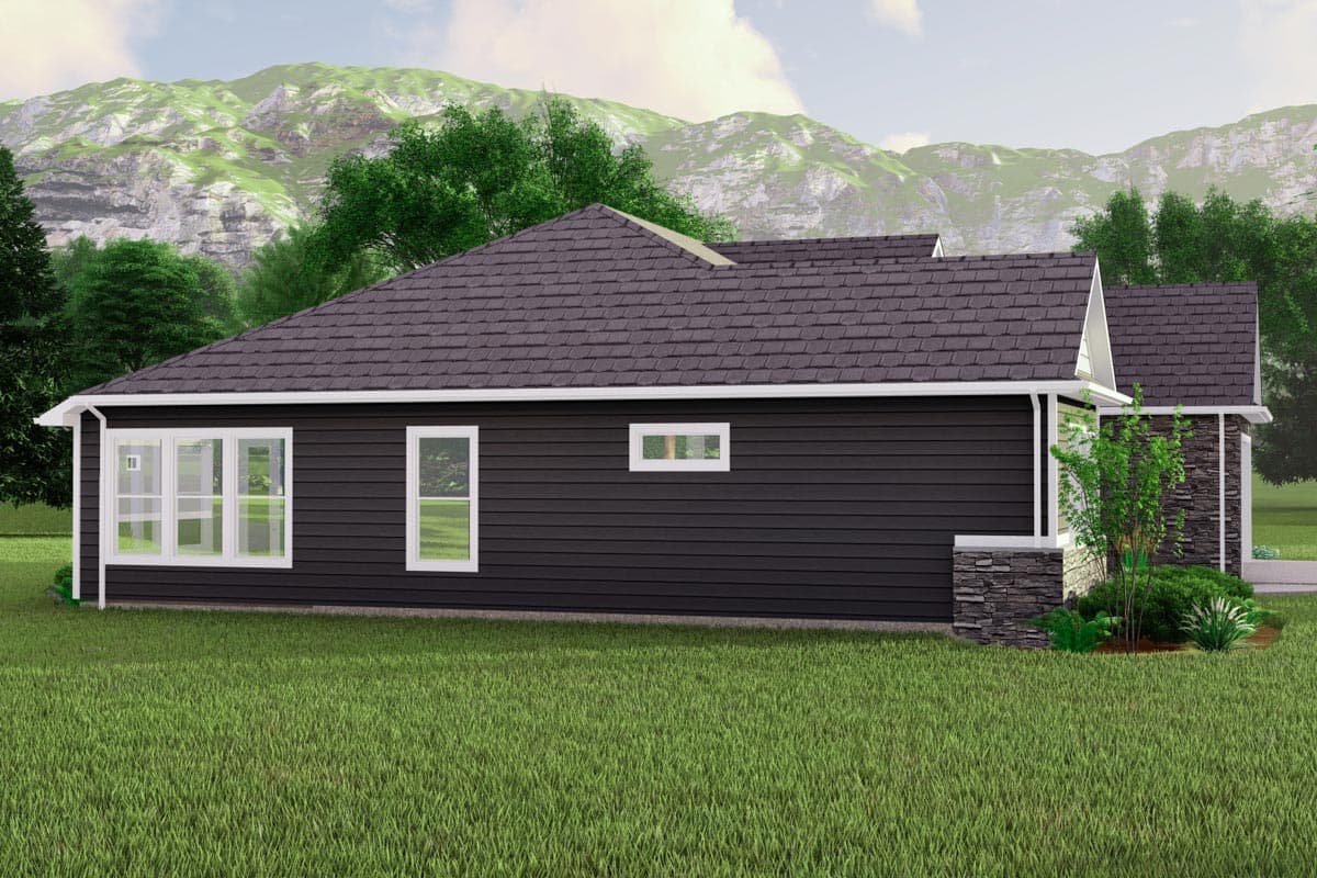House plan exterior: single-story dwelling with dark horizontal siding, stone accents, dark asphalt roof, and multi-pane windows.