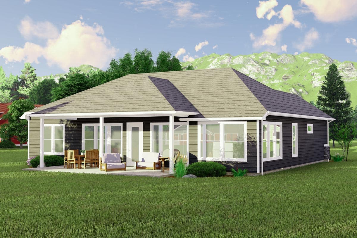 Ranch style house plan exterior with a covered porch, large windows, and hip rooflines. This is a single-story home.
