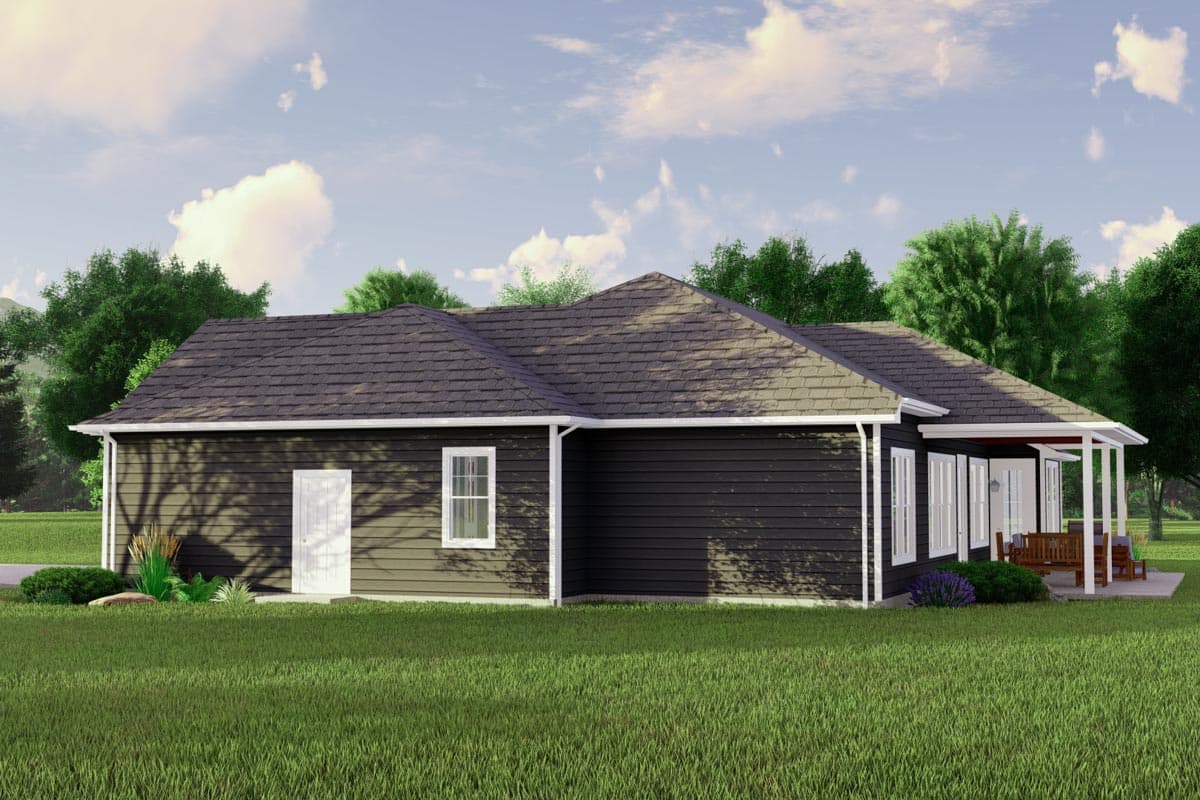 House plan exterior: Single-story home with a covered porch, multiple windows, and a pitched roof.