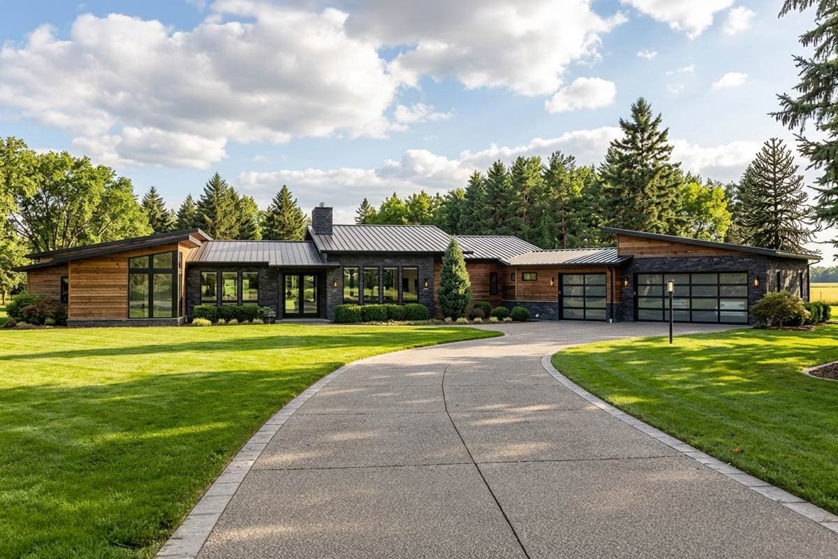 House plan exterior with a modern design. Features include a one-story structure, a flat roof, and a detached garage.