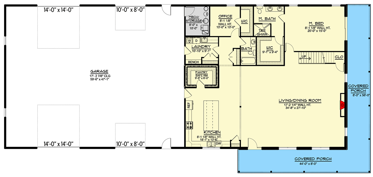 Plan 135152GRA: 2-Story Barndominium with Wraparound Porch - Floor Plan - Main Level - Barndominium, Country, Rustic, Vacation
