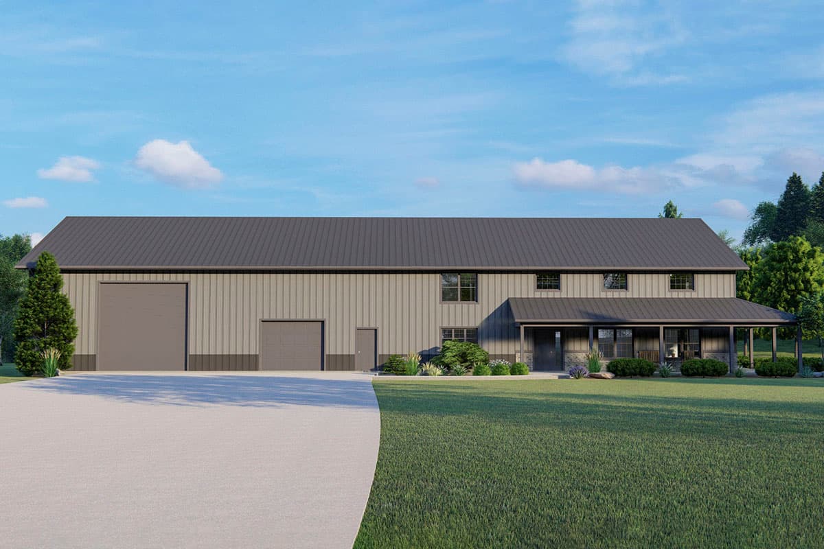 House plan exterior. Two-story structure with metal siding. Features include two garage doors, a covered porch, and a metal roof.