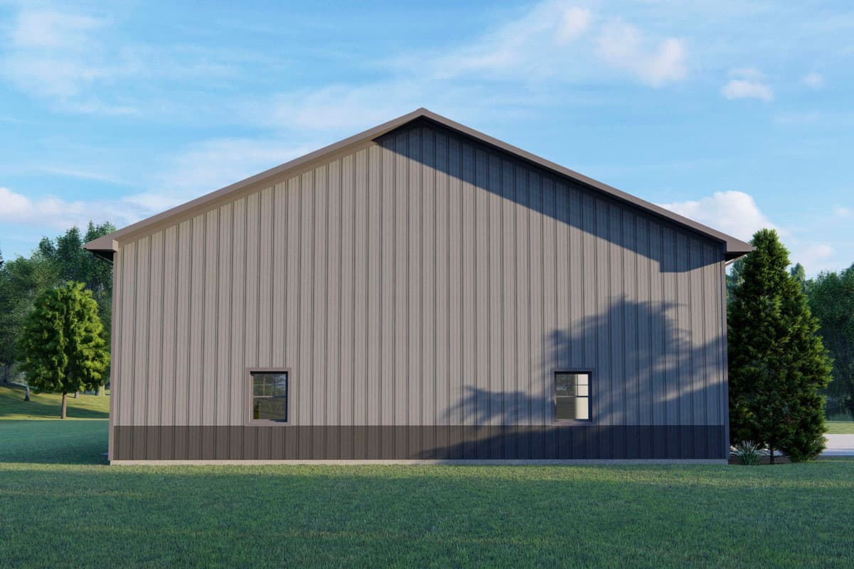 Metal-clad house plan exterior with a prominent gable roof, two windows, and a dark base.