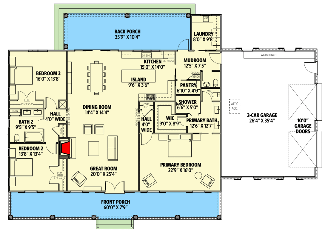 Plan 865017SHW: Southern Traditional House Plan with 60'-wide Front Porch and a Massive 2-Car Garage - Floor Plan - Main Level - Country, Ranch, Southern, Southern Traditional