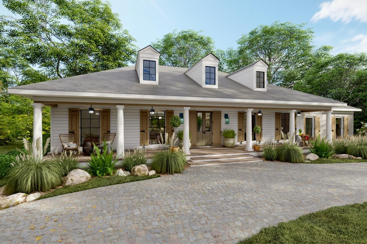 House plan exterior: Ranch style, single-story with wide porch, three dormers, and double front doors.