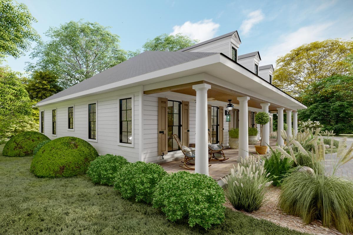 House plan exterior: Single-story Modern Farmhouse with wraparound porch, dormers, and board and batten siding.