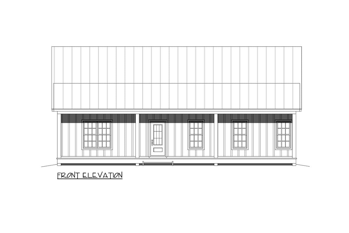 Front elevation drawing of a house plan with a covered porch, central door, and multiple windows.