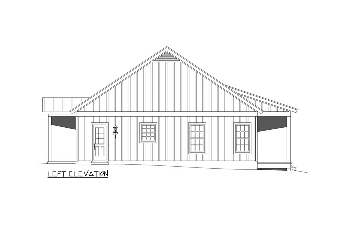 Left elevation house plan drawing showing a single-story home with a gabled roof, board and batten siding, a glass-paned door, and three windows.