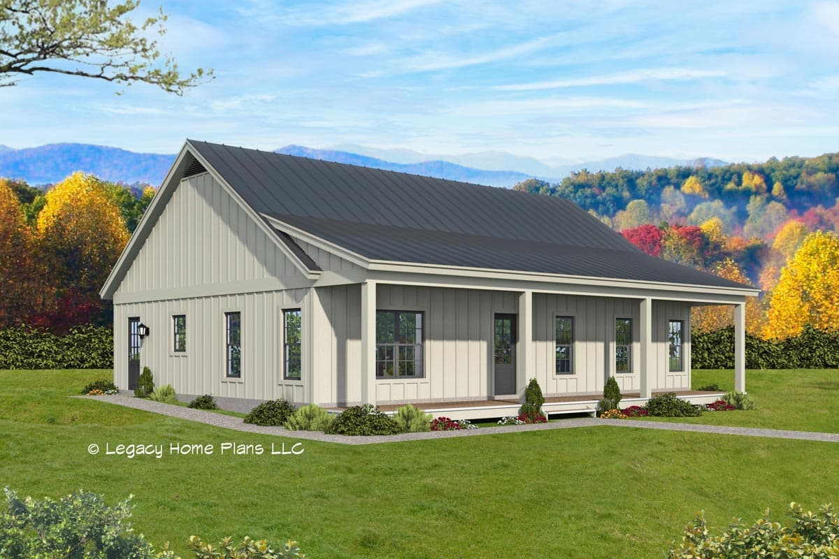 House plan exterior rendering. One-story Modern Farmhouse with a gable roof, covered porch, and board-and-batten siding.