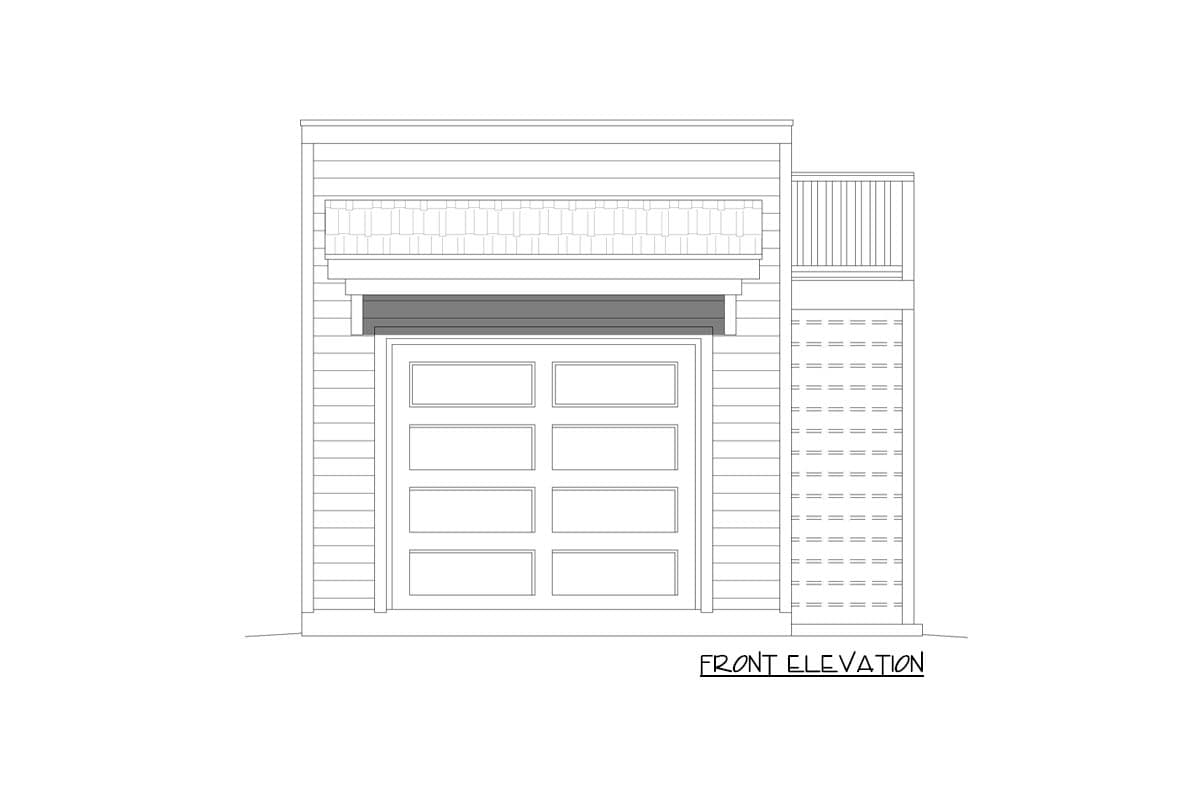 Front elevation drawing of a house with a multi-pane garage door, decorative shingle-style accent above, and a pilastered section with a balcony.