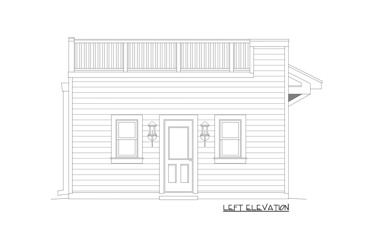Left elevation house plan drawing shows a two-story facade with a balcony, centered door, two windows, and horizontal siding.