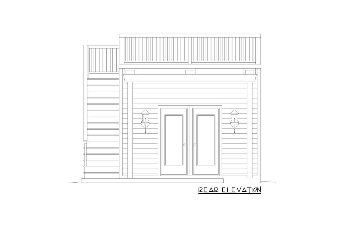 Plan 68933VR: Backyard Shed with Fake Garage Door and Rooftop Party Deck - Image #4 - Contemporary