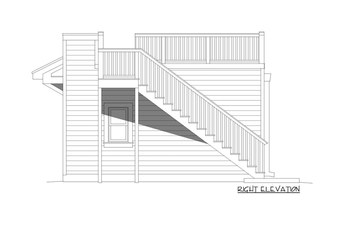 Plan 68933VR: Backyard Shed with Fake Garage Door and Rooftop Party Deck - Image #5 - Contemporary