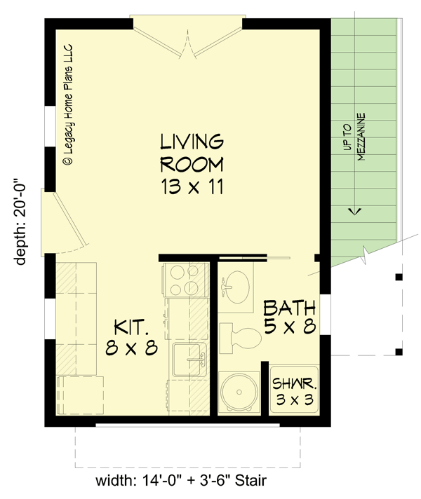 Plan 68933VR: Backyard Shed with Fake Garage Door and Rooftop Party Deck - Floor Plan - Main Level - Contemporary