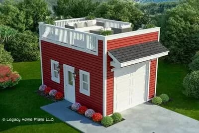 Backyard Shed with Fake Garage Door and Rooftop Party Deck