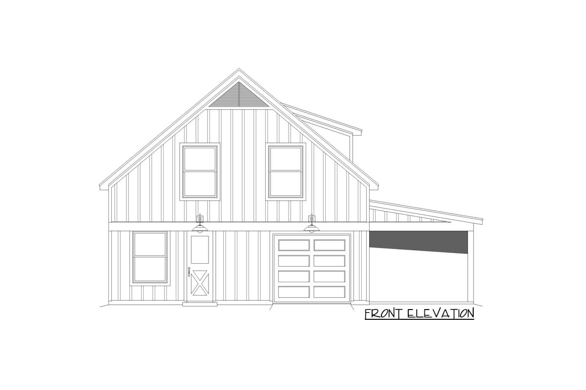 Front elevation of a two-story house plan featuring vertical siding, a gable roof, a two-car garage, and a side carport.