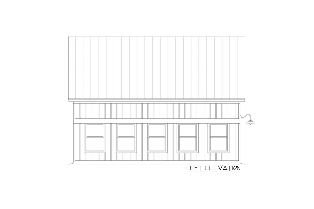 Left elevation drawing of a house plan with vertical siding, five windows, and a metal roof.