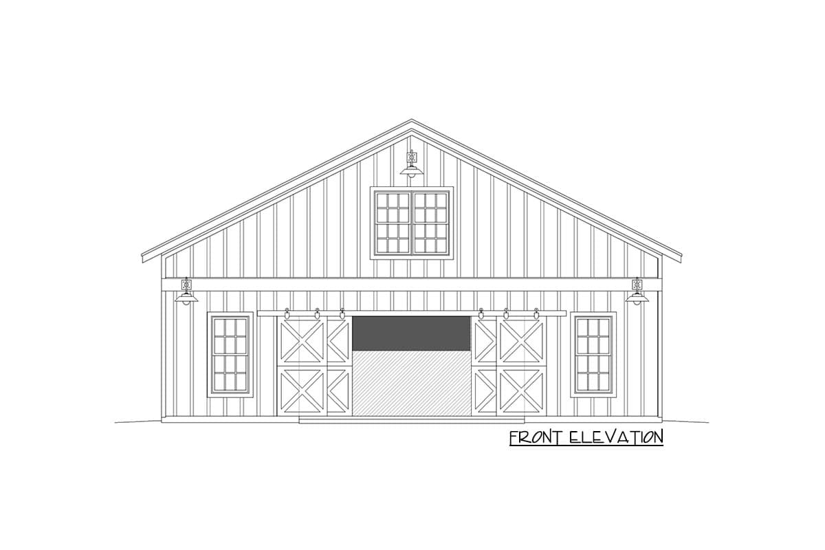 Front elevation drawing of a barn-style house plan with board and batten siding, two large sliding doors, and multiple windows.