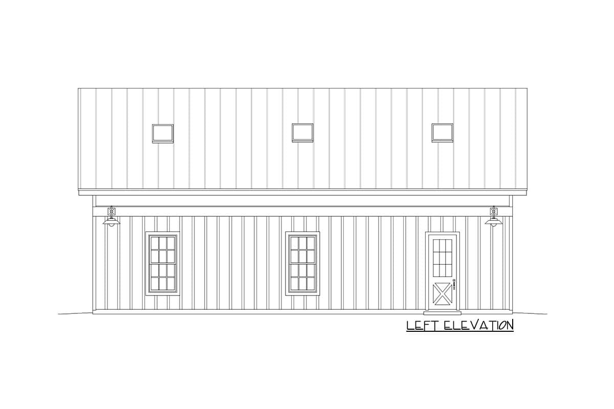 Left elevation drawing shows vertical siding, two windows, a door, and three upper dormer windows.