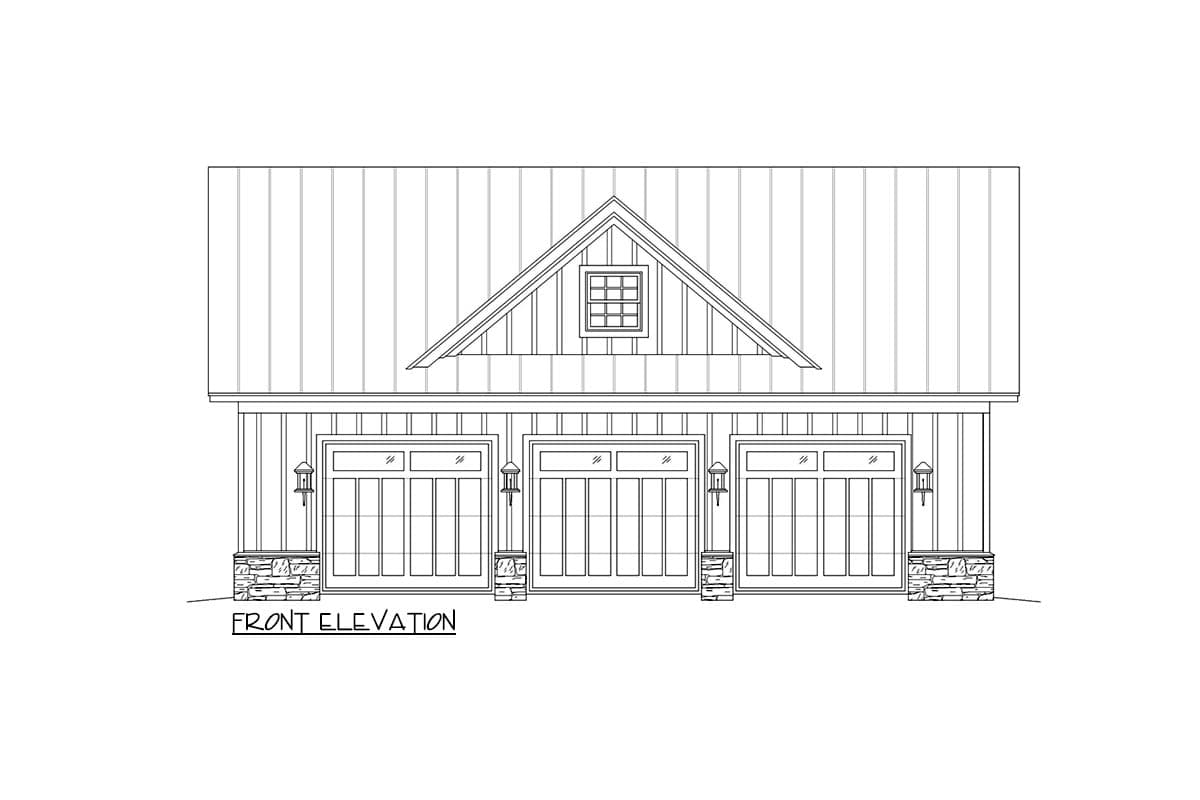 Front elevation of a house plan featuring a three-car garage with stone accents and a prominent gable dormer.