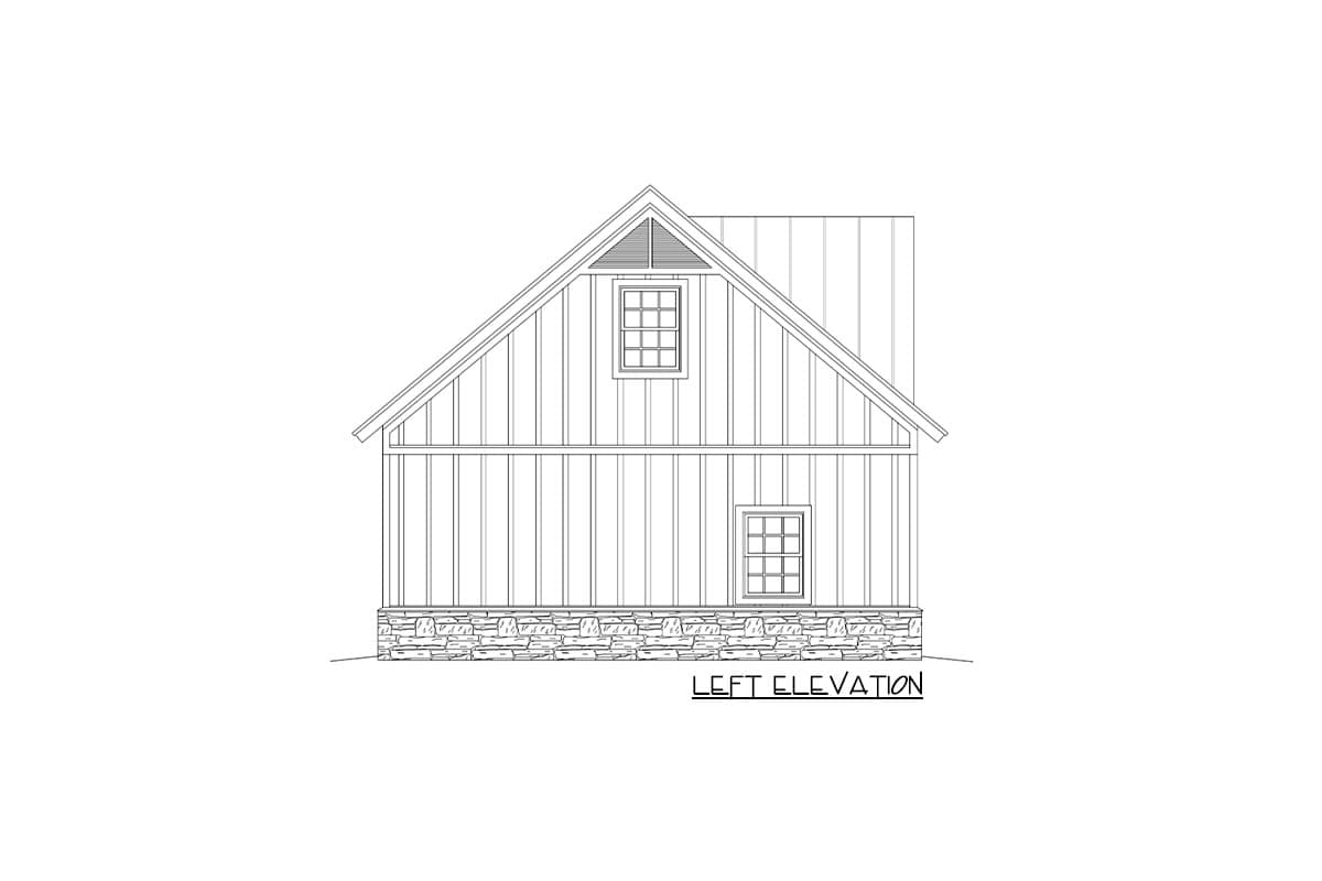 Left elevation drawing of a house with vertical siding, stone foundation, gable dormer with vent, and two windows.