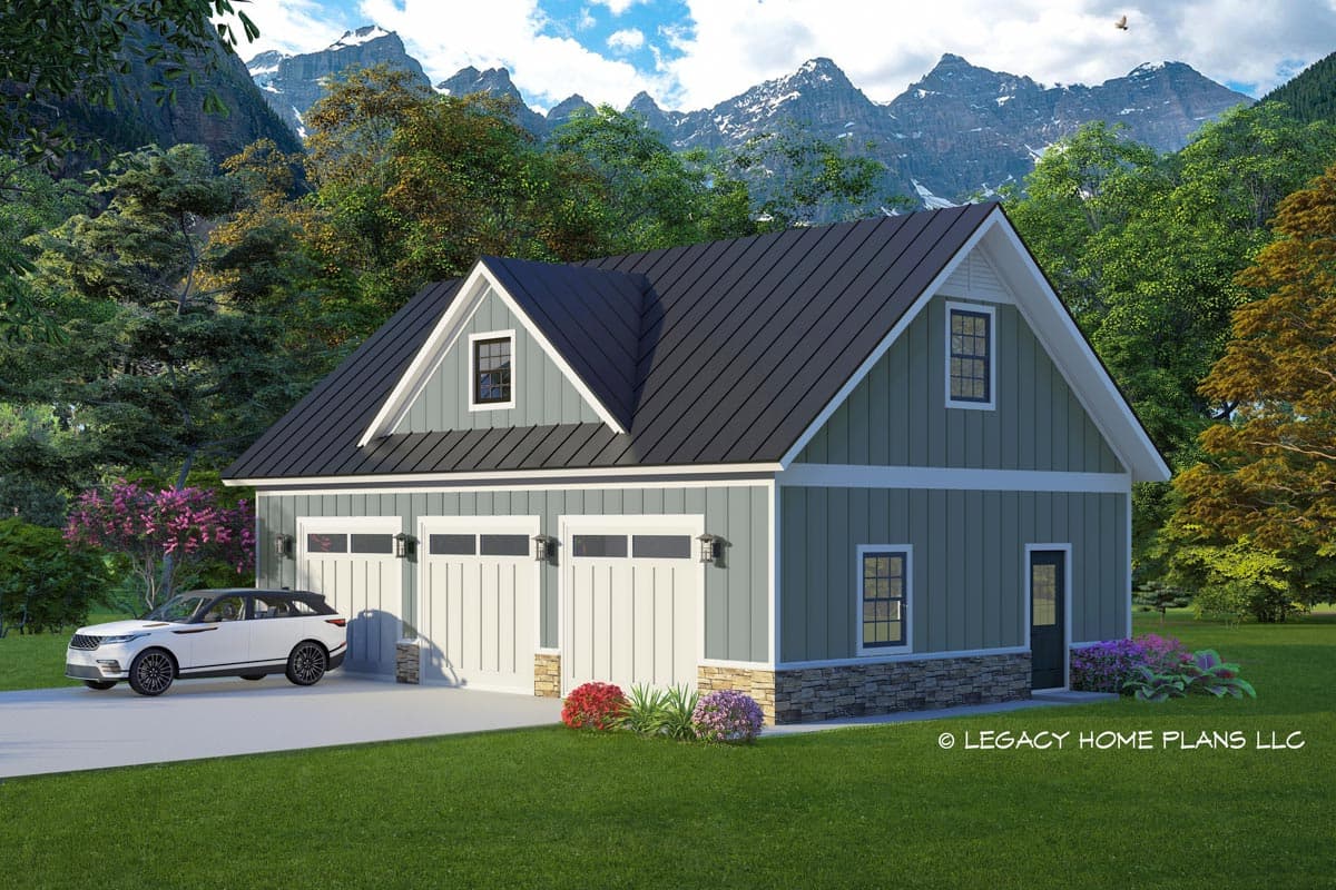 House plan exterior with two-story design, a gabled roof, vertical siding, and multiple garage doors. The facade has stone accents.