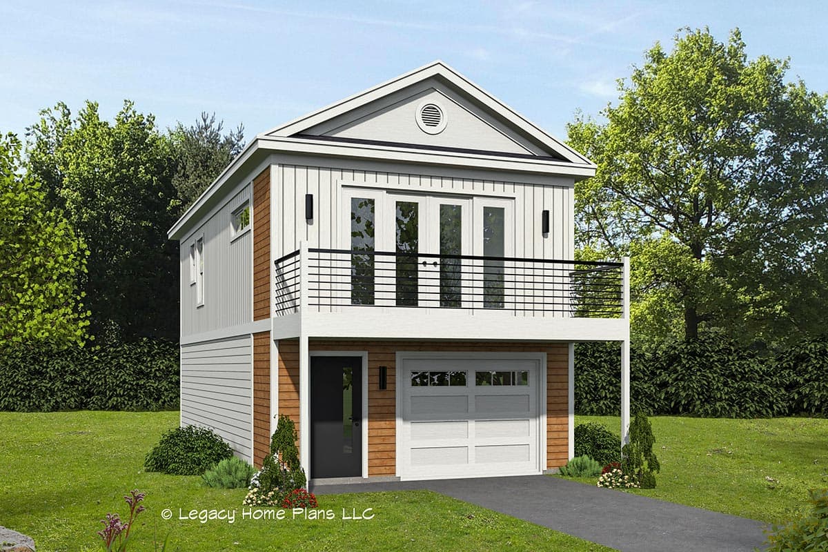 House plan exterior. Two-story structure with gable roof. Includes balcony with black railing, garage, and front door. Wood siding.