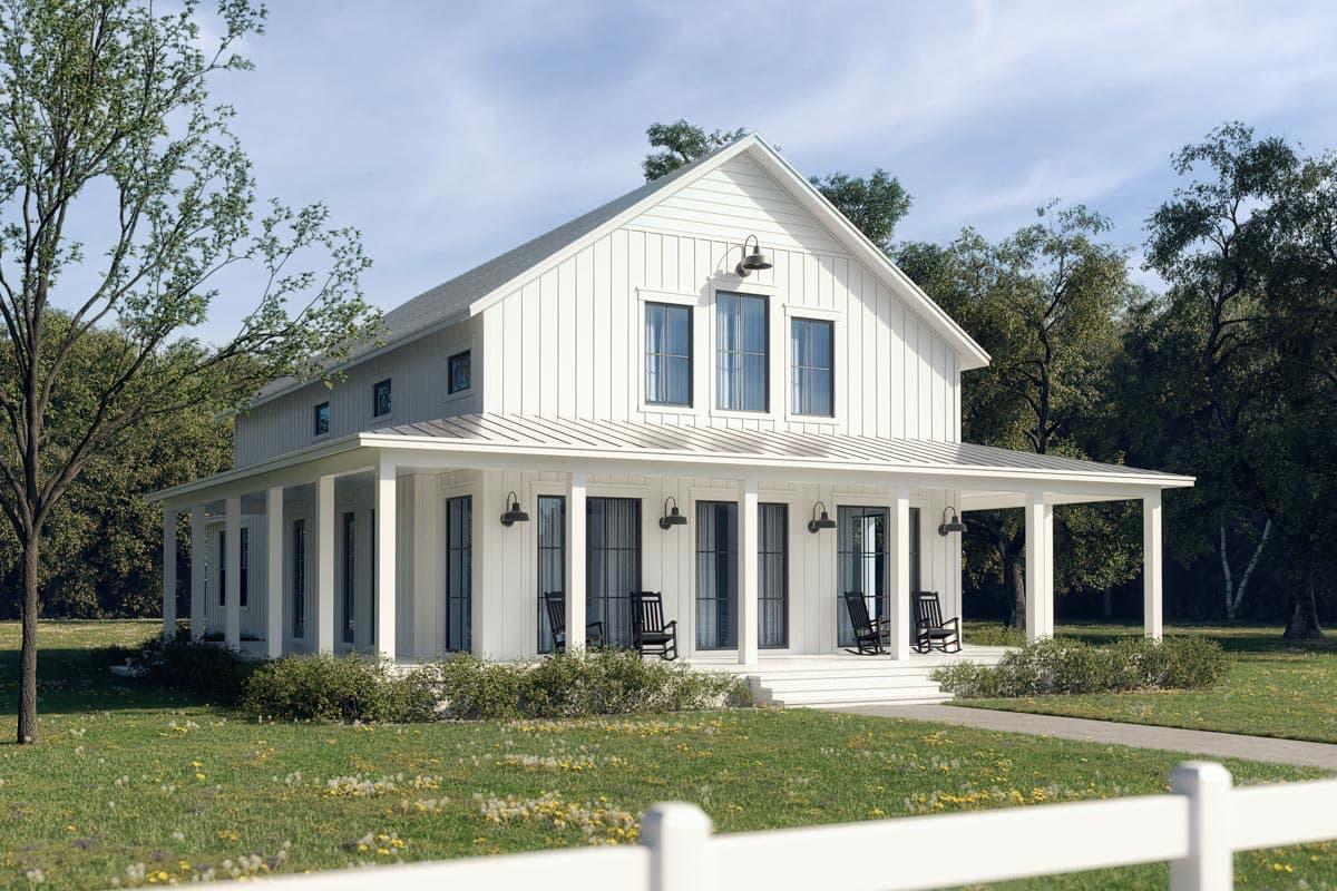 Modern Farmhouse house plan exterior with a wraparound porch, board and batten siding, and metal roof.