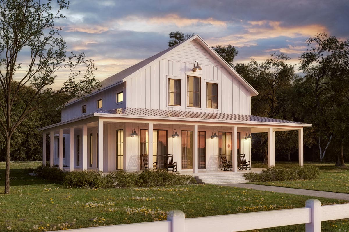 House plan exterior. Two-story Modern Farmhouse with a gabled roof, a wraparound porch, and board-and-batten siding.