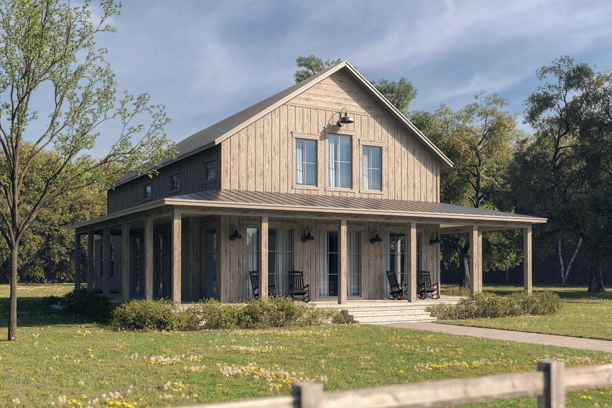 House plan exterior: Two-story Modern Farmhouse with wrap-around porch, gabled dormers, and vertical siding.