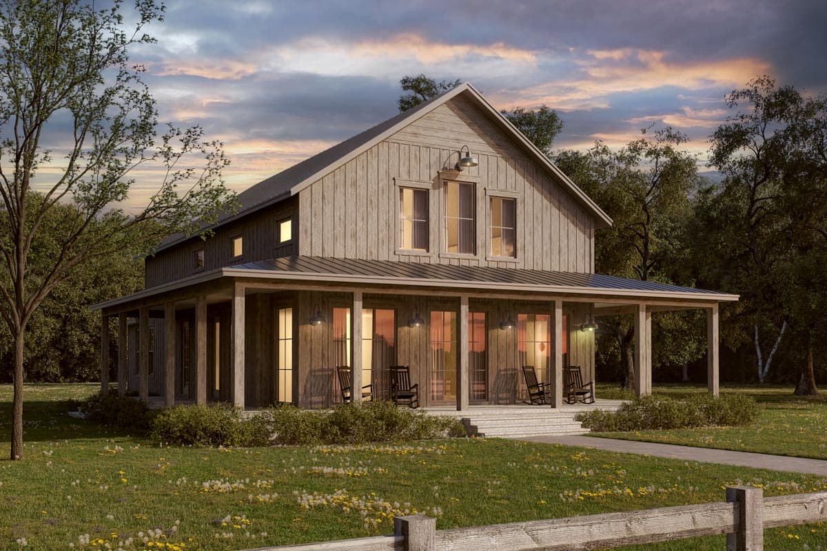 Plan 51897HZ: 4-Bed Barndominium Farmhouse with 3-Sided Wraparound Porch and a Loft Overlook - 2703 Sq Ft - Image #4 - Barndominium, Country, Farmhouse, Modern Farmhouse, New American, Southern