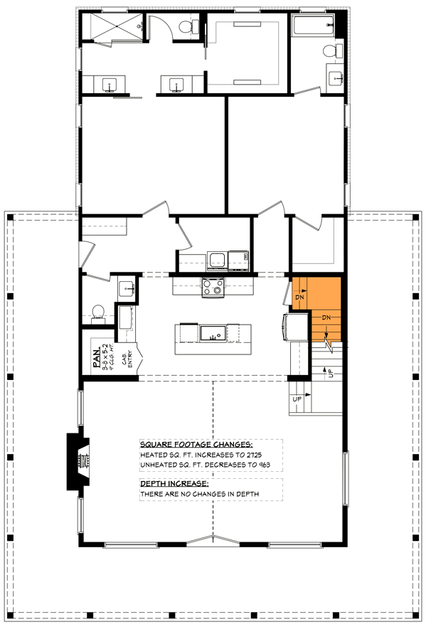 Plan 51897HZ: 4-Bed Barndominium Farmhouse with 3-Sided Wraparound Porch and a Loft Overlook - 2703 Sq Ft - Floor Plan - Main Level - Basement Stair Location - Barndominium, Country, Farmhouse, Modern Farmhouse, New American, Southern