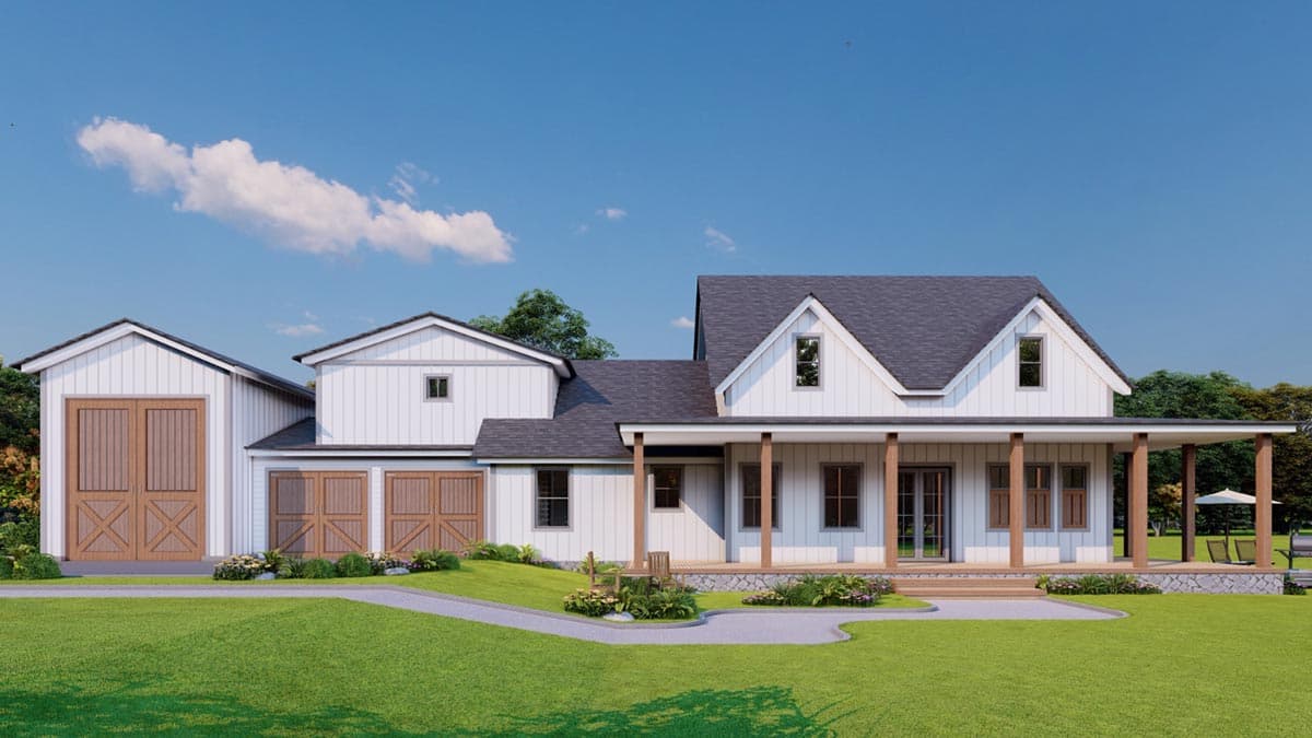Modern Farmhouse house plan exterior with wrap-around porch, gables, and multiple garage doors.