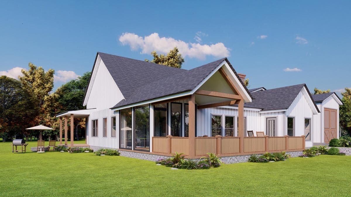 Modern Farmhouse house plan exterior with gables, screened porch, wooden deck, and attached garage.