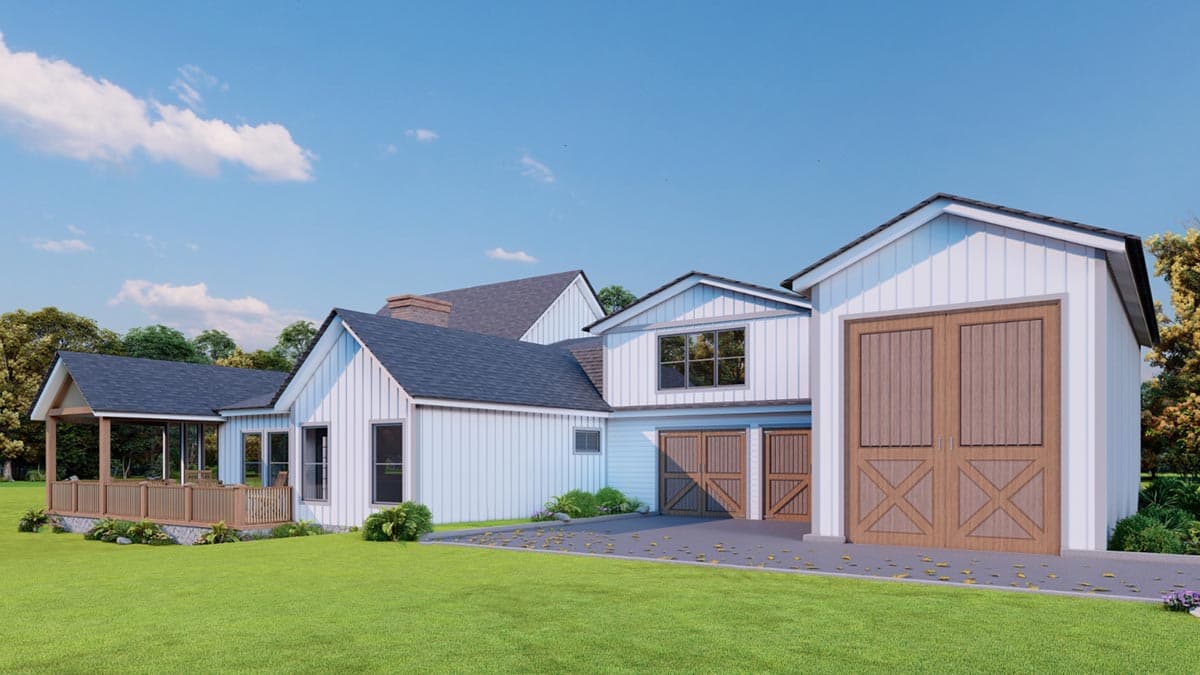 House plan exterior with a wraparound porch, dormer, and a three-car garage with wood doors.
